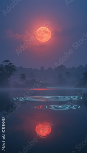 Glassy lake at dusk mirroring a large crimson moon with concentric glowing water rings