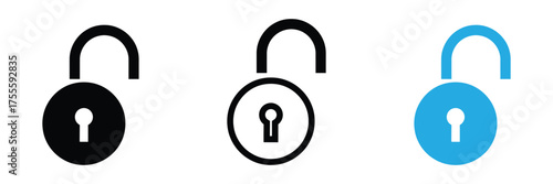 Unlocked security icons in black and blue, ready for use,Three open padlock icons in black, outline, and blue isolated on white background security concept