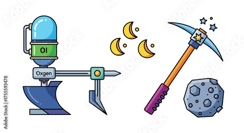 Illustrated Science and Space Exploration Elements with Oxygen and Mining Tools