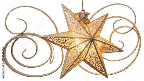 Ornamental Glowing Star with Elegant Curved Rays, Transparent PNG