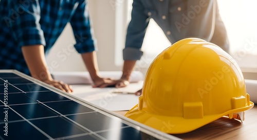 Close up construction project engineer looking blueprints on solar panel renewable energy future