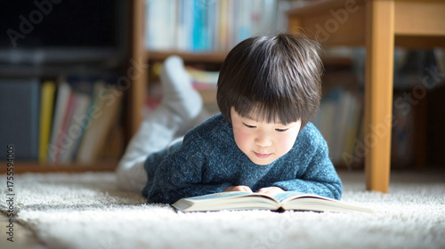 リビングで本に集中する男の子
