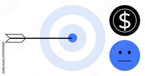 Arrow piercing bullseye target, black dollar sign, and neutral face. Ideal for finance, focus, emotion, goal-setting, business achievement precision minimalism. Simple flat metaphor