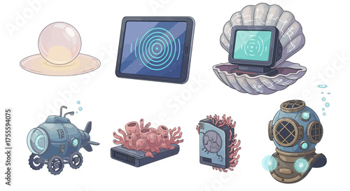 Whimsical Underwater Technology Pearl Tablet Computer Submarine Coral Hard Drive Diver Helmet
