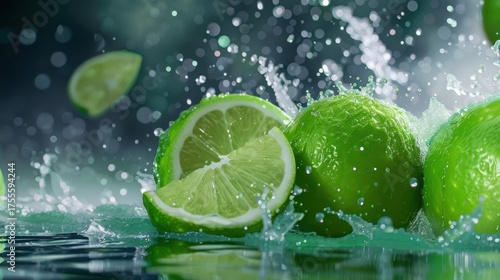Fresh Green Limes Splashing in Water with Bubbles and Slices Captured in Stunning Close-Up Action