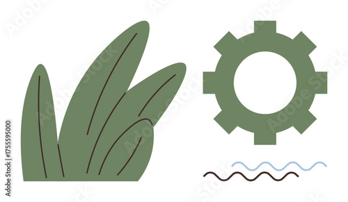 Leafy plant paired with gear mechanism above wavy lines evokes harmony between nature and technological progress. Ideal for sustainability, eco-tech, innovation, balance, environmental design