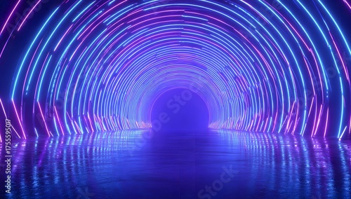 Immersive futuristic neon tunnel experience with vibrant blue and purple lights reflecting on a wet surface