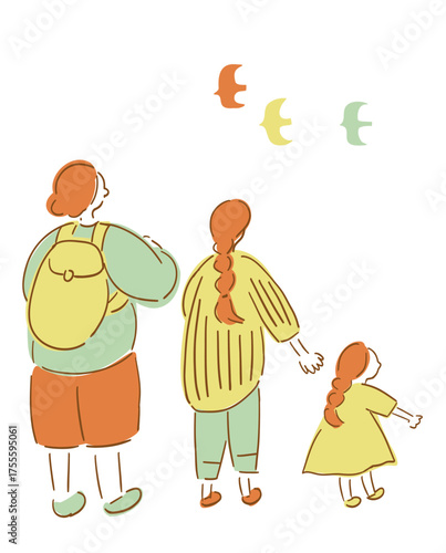 後ろ姿の家族_アースカラーVer.手描きイラスト｜Family from Behind	