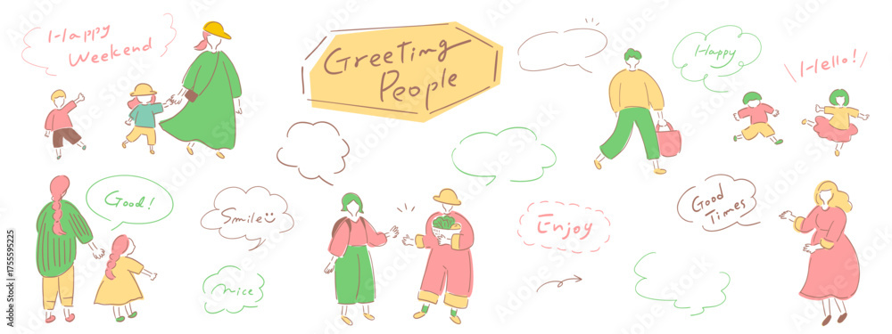 Fototapeta premium あいさつする人々_ライトなカラーVer.手書きイラスト＆吹き出し＆テキスト｜Greeting People 
