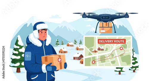 Autonomous drone delivering first aid package in a remote snowy landscape