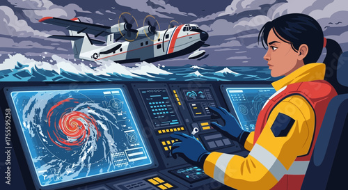 Navigating storm dynamics: A coastal guardian monitoring hurricane patterns in seaplane