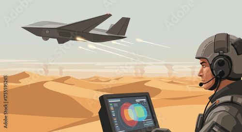 Futuristic Military Operation in a Desert Landscape with Advanced Aircraft and Technology