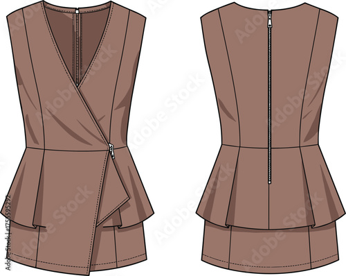 Elegant sleeveless peplum dress fashion illustration with asymmetrical wrap front, V-neckline, zipper detail, front and back garment views
