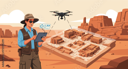 Modern archaeologist using drone technology to survey ancient ruins in arid landscape