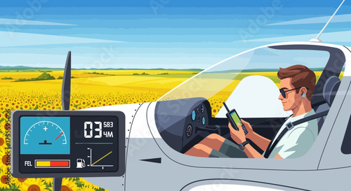 Aircraft pilot navigating over blooming sunflower fields with electronic instruments