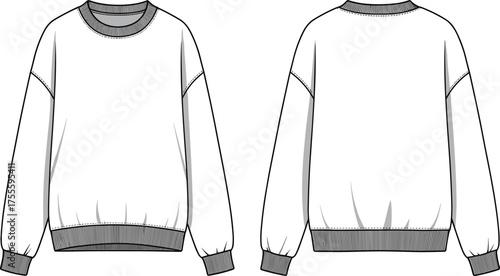 Front and back view blank white sweatshirt flat sketch template, fashion technical drawing for apparel design, vector mockup illustration