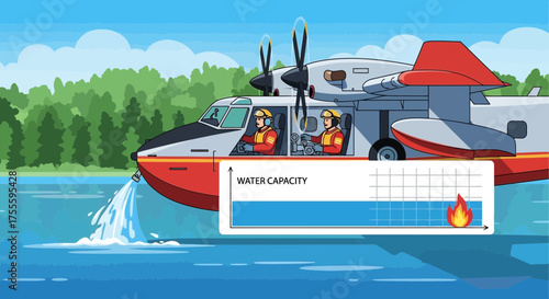 Cartoon Seaplane Collecting Water for Firefighting with Graph Showing Water Capacity