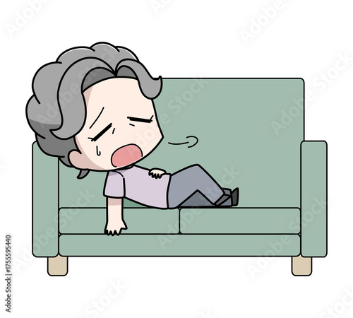 疲れてソファに横になる高齢女性のイラスト