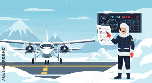 Winter flight preparation: pilot performing pre-flight check in freezing conditions