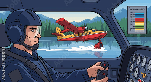 Focused pilot operating water bomber aircraft over serene lake landscape