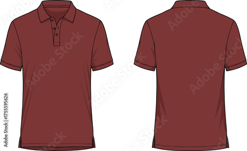 "Maroon Short Sleeve Polo Shirt Front and Back View with Collar, Button Placket, Cuffed Sleeves, and Side Slit Hem"