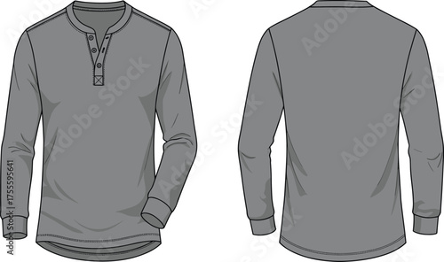 Men’s Long Sleeve Henley T-Shirt Fashion Flat Template with Button Placket, Front and Back View for Apparel Design Use