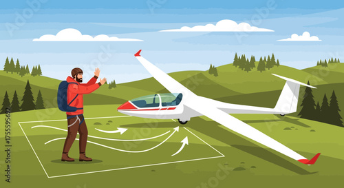 Glider Pre-Flight Preparation with Attendant in Scenic Mountainous Setting