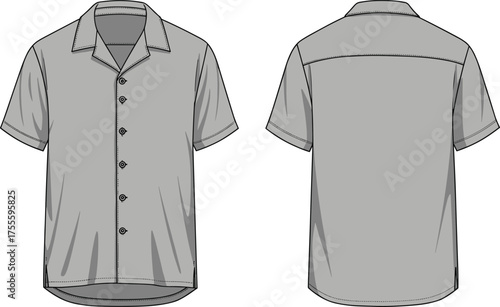 Short Sleeve Button-Up Shirt Technical Flat Sketch Front and Back View Fashion Design Apparel Template for Garment Construction