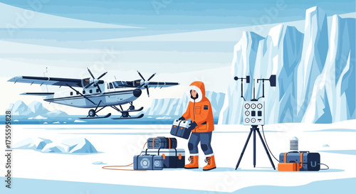 Arctic research station setup with plane and scientist measuring climate data
