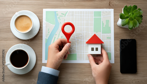 Fototapeta Naklejka Na Ścianę i Meble -  Real estate trends map marker and small house on city map showing property search excitement and opportunity