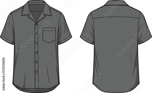 Technical flat sketch of short sleeve button-up shirt front and back view with collar, pocket, stitching, and garment details