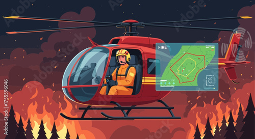 Helicopter Pilot navigating through a wildfire using advanced mapping technology