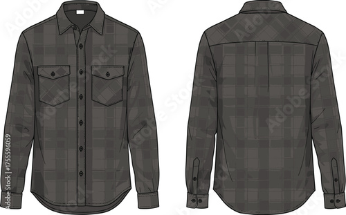 Vector flat sketch of plaid long sleeve shirt with chest pockets, buttoned cuffs, front placket, collar, and back yoke detail.
