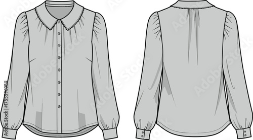 Women's blouse technical fashion sketch with front and back views, button-down design, gathered sleeves, collar detail, and pleated yoke.