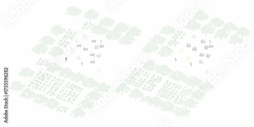 Comparison of a peaceful park scene with a contrasting scene of chaos and destruction