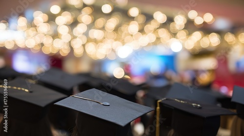 commencement. Neatly arranged graduation hats against a softly blurred background, celebrating academic achievement. event programs.
