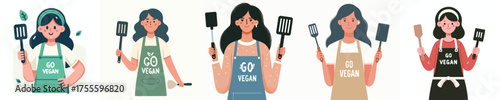 vector of a woman holding a spatula and an apron with the words go vegan