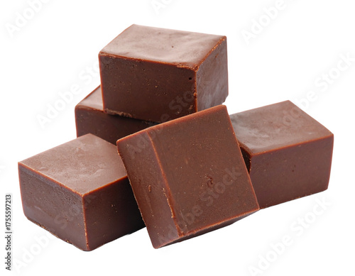 Group of chocolate fudge pieces isolated on white. Sweet, dense confectionery blocks for dessert or treat.