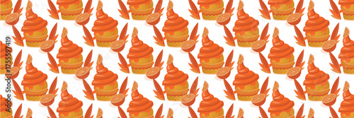 Orange cupcake vector pattern. Seamless cupcake pattern. Cartoon-style illustration in orange. Can be used on any household items: towels, bed linens, etc.