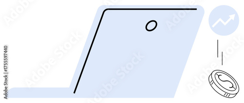 Laptop with upward arrow chart and falling coin symbolizing financial growth, online earnings, investment, and modern technology. Ideal for finance, business, technology, economy, trade data simple