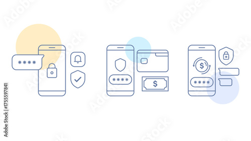 Secure mobile banking and online payment illustration. Concept of digital wallet, password protection, and financial security in minimal flat outline style. finance apps, money transfer, and fintech