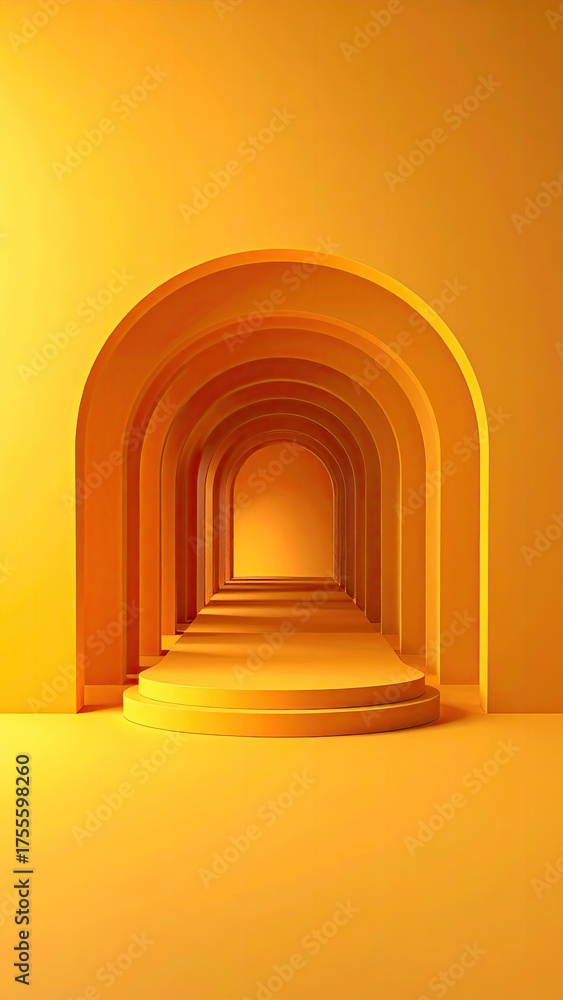 Fototapeta premium Arched corridor, orange tones. Stage in the distance