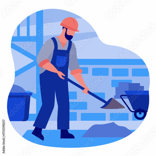 Man shoveling concrete at construction site in blue background  