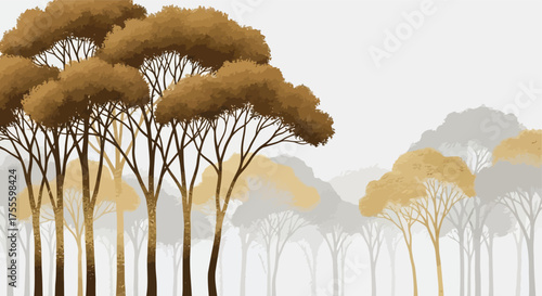Stylized trees with golden foliage stand against a backdrop of hazy mountains and a pale sky, evoking an autumnal atmosphere.
