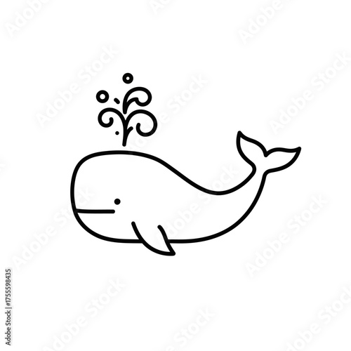 Cute cartoon whale spouting water from its blowhole, a simple black line art animal icon. This vector illustration represents marine life and ocean nature