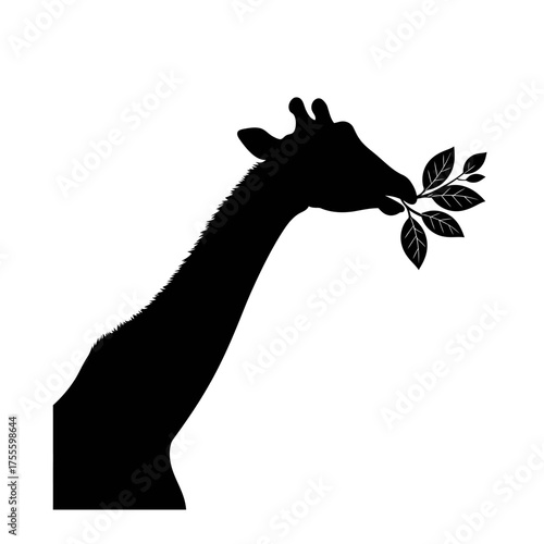 Isolated silhouette vector icon of a graceful giraffe feeding on a leafy branch. A minimalist black and white symbol of African safari nature and fauna