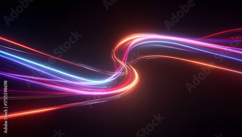 Abstract visualization of energetic light trails flowing through darkness with vibrant neon hues of blue pink and orange