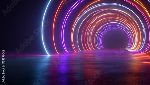 Vibrant neon light tunnel with glowing circular rings in a futuristic and abstract digital art display