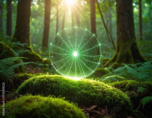 Glowing web floats on moss in sunlit forest