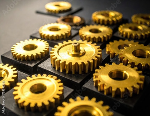 Golden gears stand on dark tiles, creating a pattern